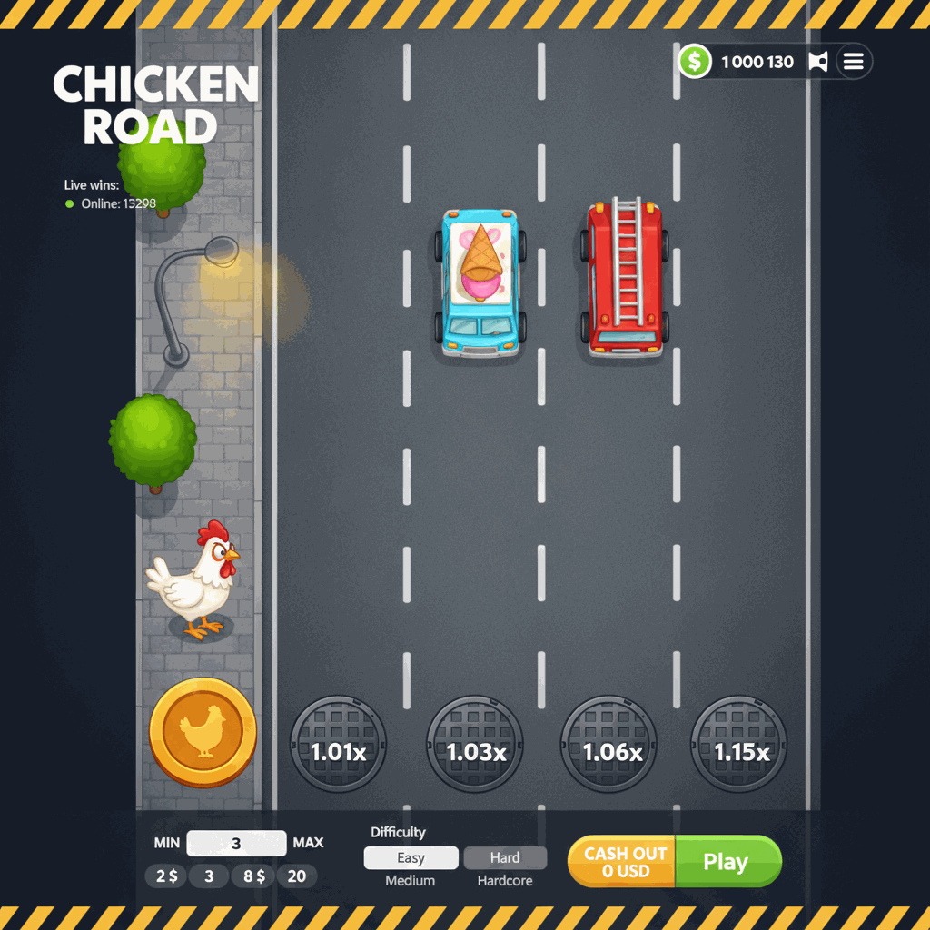 Chicken Road Spielbildschirm zeigt ein weißes Cartoon-Huhn auf einer mehrspurigen Straße mit Multiplikatoren auf Kanaldeckeln, dunkler Asphalt mit weißen Spurmarkierungen, urbane Szenerie mit Bäumen und Straßenlaterne im Hintergrund